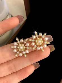 1 par de pendientes elegantes y delicados de moda de lujo con copos de nieve y perlas falsas, adecuados para uso diario y festivo de adolescentes - copo de nieve - Ver 5