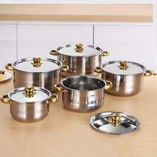 10 Pieces Stainless Steel Pot Set With Lid, Colorful Soup Pot Combination, 5-Piece Pot Set And 5-Piece Pot Lids, Cooking Pot, Soup Pot, Capped Pot Set, Boxed Pot Set, Cooking Pot Set, Kitchen Tools, Ideal Gift For Housewarming & New Apartment, Dinner For Thanksgiving, Halloween, Christmas, Family Gifts - Vàng - Xem 1