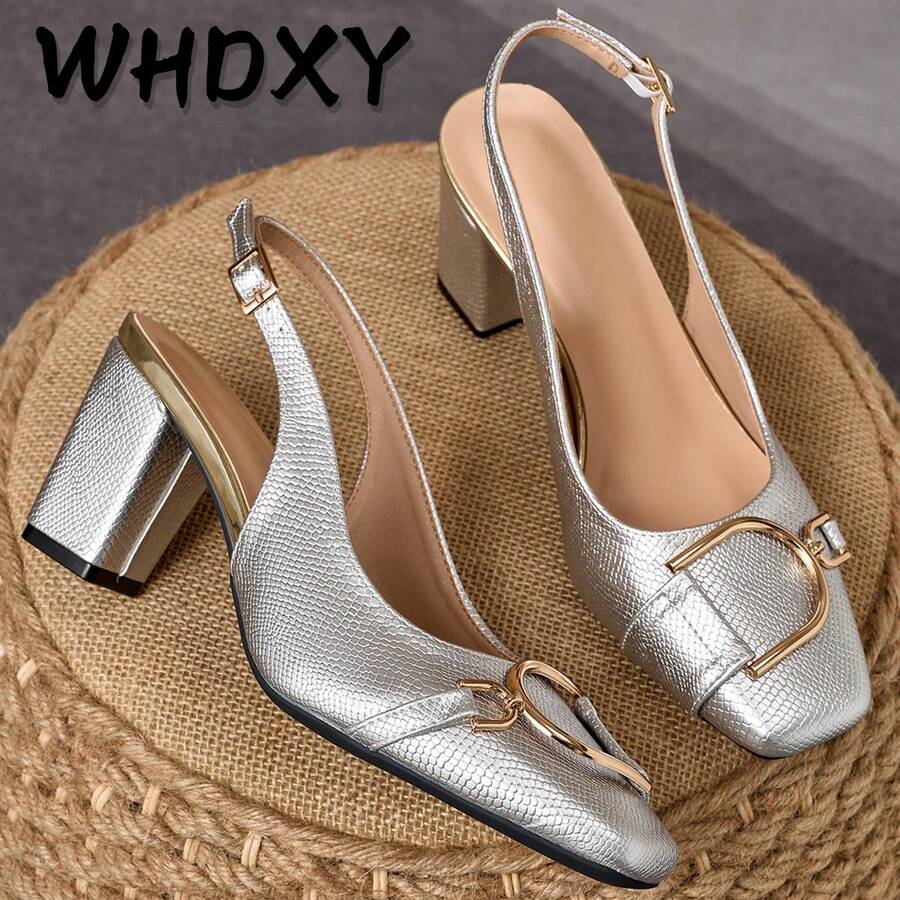 Elegant Silver Snake Skin Thick Heel Sandals, Metal Buckle Open Back Design, Slimming Effect, Versatile For Banquet And Date, High Heels - Silver - View 1