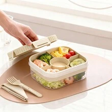 双层透明塑料便当盒，带酱料碟和餐具，密封防漏，可盛放水果沙拉等食物，可重复使用，适合学生和成人用于学校、办公室、旅行、露营、野餐和返校等场合。 - 彩色 - 查看 3