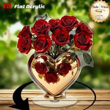2D亚克力旋转桌面展示架 - 红色心形花瓶，配白色百合和红色郁金香，亮黑色底座，无需电源，优雅设计，适用于情人节、周年纪念日、婚礼、家居和办公装饰，表面抛光，完美礼物，2D平面 - 彩色 - 查看 10