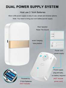 无线门铃遥控器，60 种旋律，5 种音量级别，回家迎宾门铃，由 3 节 AAA 电池或 USB 接口供电 - 白金 - 查看 6