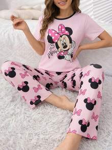 Disney 米妮印花睡衣套装，卡通印花女士短袖长裤睡衣套装 - 彩色 - 查看 6