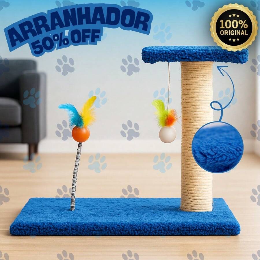 Arranhador Poste de Sisal Para Gatos com Brinquedo Interativo - Mola - Azul - Visão 1