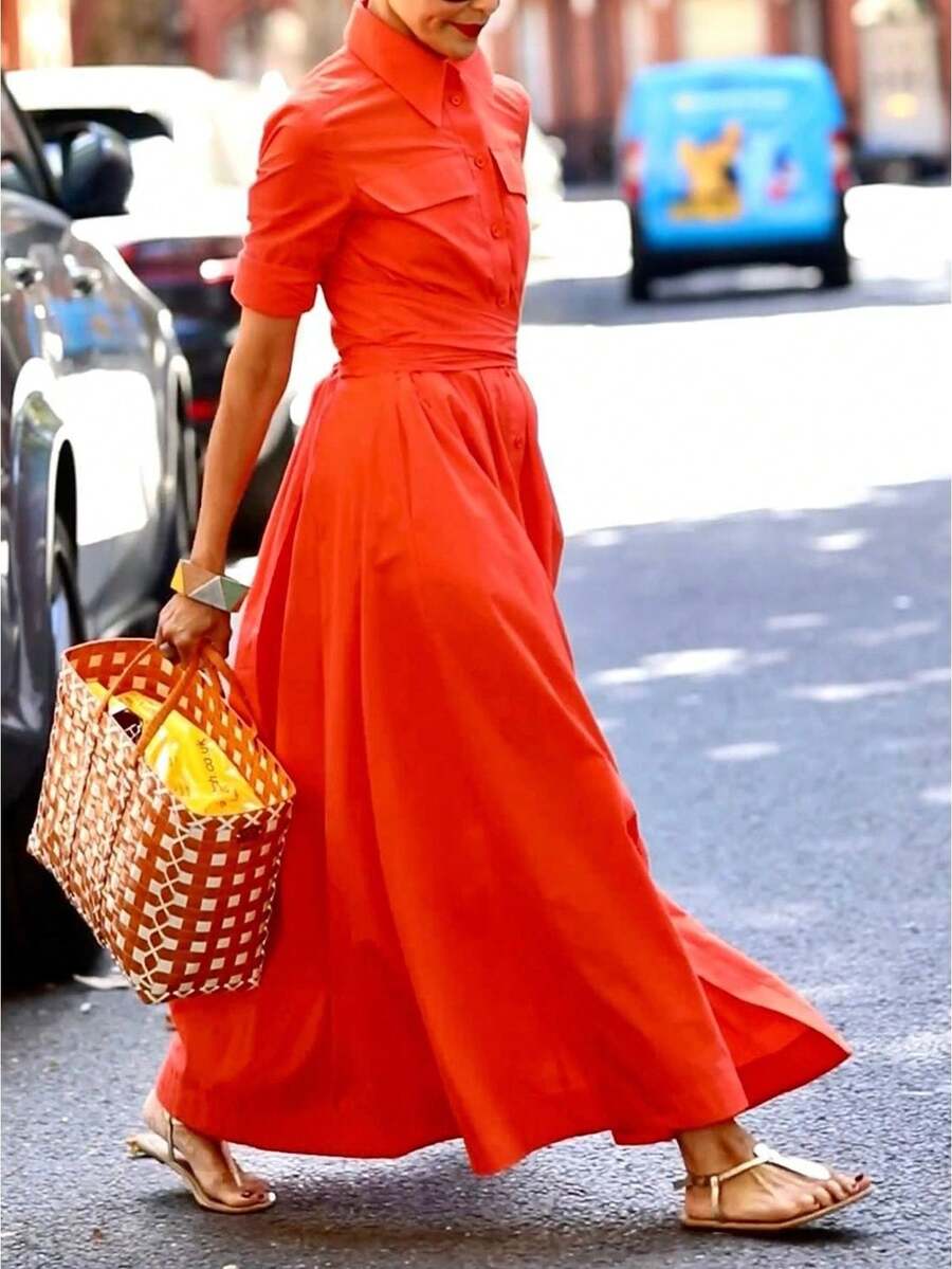 Office, Fashion, Airy, Polished, Relaxed, Feminine, French. Spring Summer. Street, Event.  Button-Up Dress:  Maxi Style - 橘色 - 查看 1