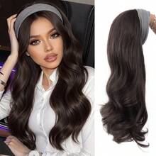 长款波浪/直发发箍半假发，合成纤维夹式接发，蓬松自然棕黑色假发片，配灰色发带，适合女性日常佩戴，1件装 - 彩色 - 查看 12