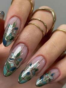 24pcs 3D Plant Relief Pattern Nail Stickers, Y2K Style Almond Green Nail Art Supplies - Green - View 8