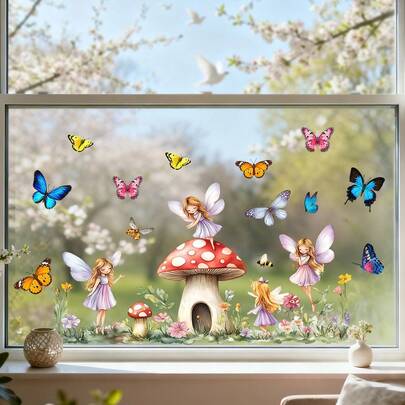 1/2pcs Mushroom Fairy Glass Window Decal,Watercolor Butterfly Stickers Double Sided Electrostatic Film For Glass Home Room Decor Cottagecore Aesthetic Party Ornaments