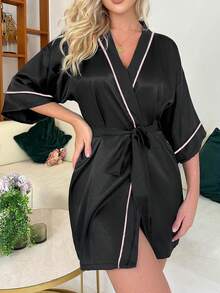 Women's Solid Color Elegant Waist Tie Short Lightweight Bathrobe, Silky Soft Comfortable Bathrobe, Pink Comfortable Bathrobe - Black - View 9