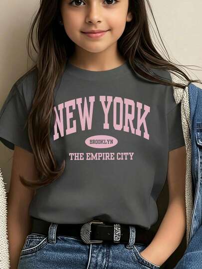 1pc Girls' Casual Printed Round Neck Short Sleeve T-Shirt, Colorful Fashion Graphic Tee For Students And Young Teens, Summer