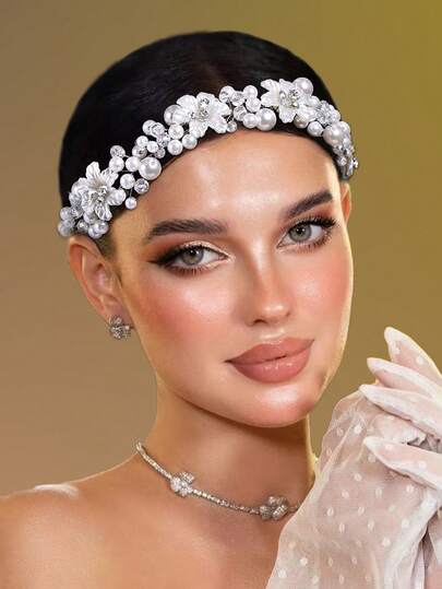 1pc Elegant Resin Flower & Pearl Headband, Luxury Fashion Accessory Suitable For Wedding, Party, Photography, Stage Performance, Daily Wear