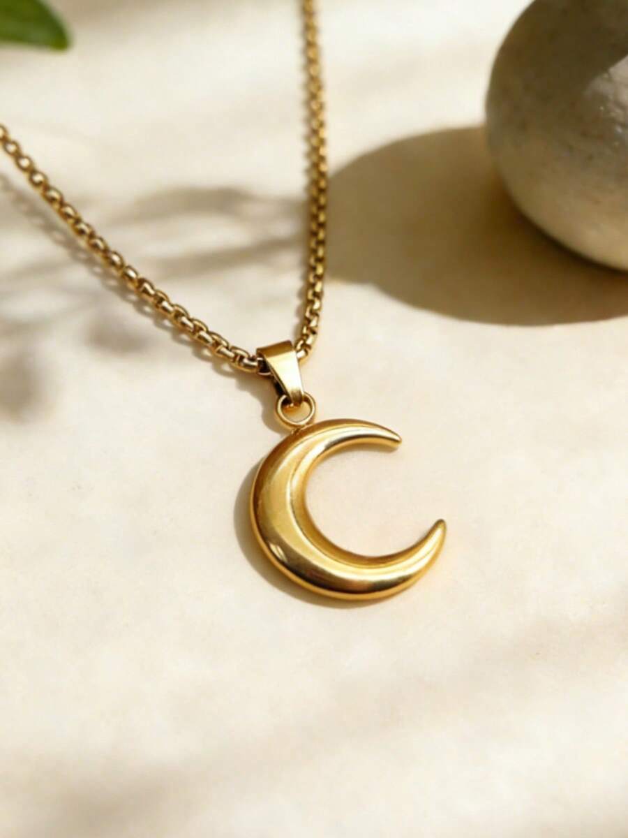 Mazuer 1件抛光不锈钢新月吊坠项链，链长60厘米/23.6英寸，优雅女士饰品 - 金色 - 查看 1