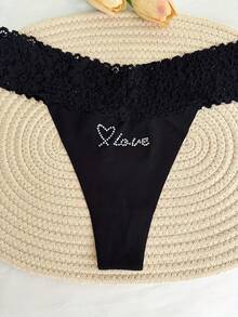Customized Name Sparkling Crystal Alphabet Thong, Personalized Low-Waist Underwear, Sexy Lace Flower Heart Shaped Love Crystal Pattern, Breathable Ice Sliky Fiber Fabric Triangle Panties, Single Party Personalized Gift, Bride Wedding Customized Underwear, Couples Customized Gift, Personalized Gift For Girlfriend/Wife/Lover's Anniversary/Valentine's Day/Birthday/Marriage/Bedroom/Holiday - 黑色 - 查看 5