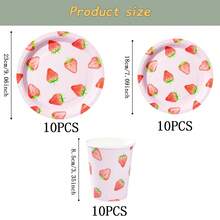 草莓图案一次性餐具套装，7/9英寸派对餐盘，一次性纸盘，餐巾纸，纸杯，适用于节日、婚礼、订婚、生日、派对、庆典等场合。 - 彩色 - 查看 7