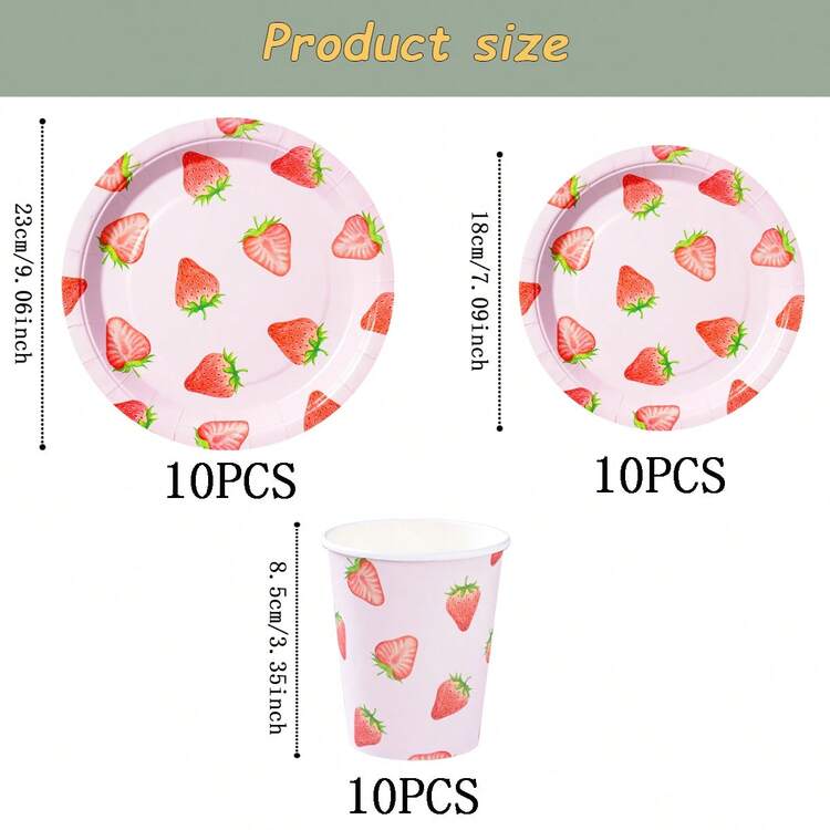 草莓图案一次性餐具套装，7/9英寸派对餐盘，一次性纸盘，餐巾纸，纸杯，适用于节日、婚礼、订婚、生日、派对、庆典等场合。 - 彩色 - 查看 7