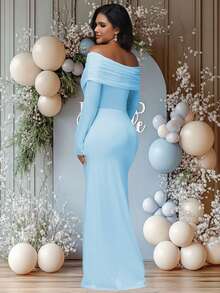 JustVH Maternity Colorblock Mesh Off-Shoulder Dress, Ruched Fishtail Hem, Suitable For Baby Shower, Elegant Stretchy Dress For Photoshoot Spring - Baby Blue - View 2