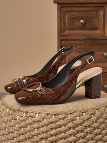 Vintage Brown Crocodile Embossed Square Toe Sandals, Metal Buckle Open Back Thick Heel Design, Versatile High Heels For Work & Commute - Brown - View 2