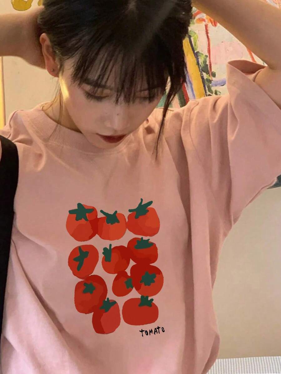 日系女式宽松休闲圆领卡通番茄水果印花短袖T恤，春夏百搭粉色 - 粉色 - 查看 1