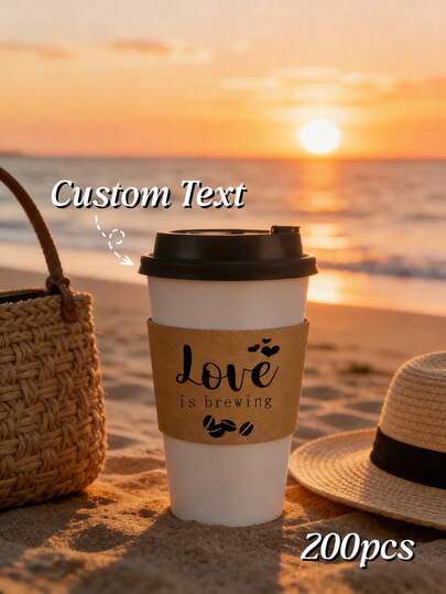 200Pcs Personalized Disposable Cup Sleeves – Custom Wedding Hot Chocolate & Coffee Cup Covers For 10–20oz Kraft Paper Cups, Bulk Beverage Holder Wraps, Wedding Reception, Bridal Shower, Anniversary & Party Favor Decoration Supplies