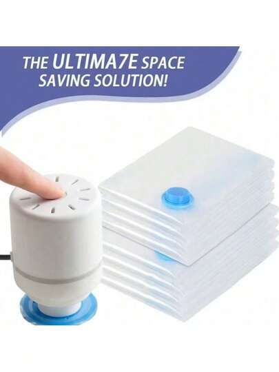 Bolsa de compresión al vacío y bomba, bolsa de compresión al vacío y bomba eléctrica, bomba aspiradora, mini máquina de sellado al vacío, almacenamiento de ropa y armarios: una herramienta ideal para ahorrar espacio. Bomba eléctrica portátil en blanco, bolsa de almacenamiento al vacío, que permite ahorrar espacio en el empaque de prendas y en viajes. Ideal para guardar ropa, cajas de almacenamiento, bolsas domésticas y bombas comprimidoras. Perfecto para el hogar, viajes o desplazamientos, facilitando fácilmente el ahorro de espacio de almacenamiento.