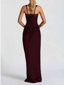 1pc Women's Solid Color Elegant Bodycon Long Sleeve Deep V Dress - Brown - View 4