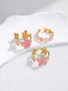 Set de 3 anillos de acero inoxidable con flores rosas y blancas de diseño elegante, adecuado para uso de mujeres o como regalo - Amarillo Oro - Ver 3