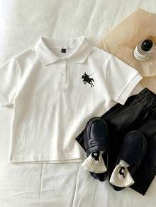 2pcs/Set Girls Toddler Polo Shirt Outfit, Minimalist Printed Collared Short Sleeve T-Shirt, Versatile Ensemble - White - View 1