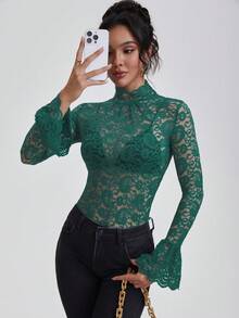 Women's Lace Collar Hollow Long Sleeve Slim Fit Top, Green, Suitable For Summer, Ramadan, St. Patrick's Day - Green - View 3