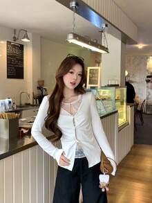 Áo nữ tay dài dáng ôm, viền ren, màu trắng, thích hợp mặc mùa xuân. - trắng - Xem 3