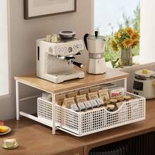 1 pièce Étagère de four à micro-ondes en bois et métal robuste avec tiroir - Étagère de rangement pour plan de travail économisant l'espace pour la vaisselle, les appareils, les épices, sans électricité nécessaire, design à la mode, organisateur de cuisine avec tiroir et panier métallique - Multicolore - Voir 7