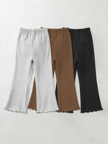 3pcs Young Girl Flared Pants, Children's Autumn Vertical Rib Trousers, Young Girl Solid Color Elegant Pants, Versatile Sisterly - Coffee Brown - View 3