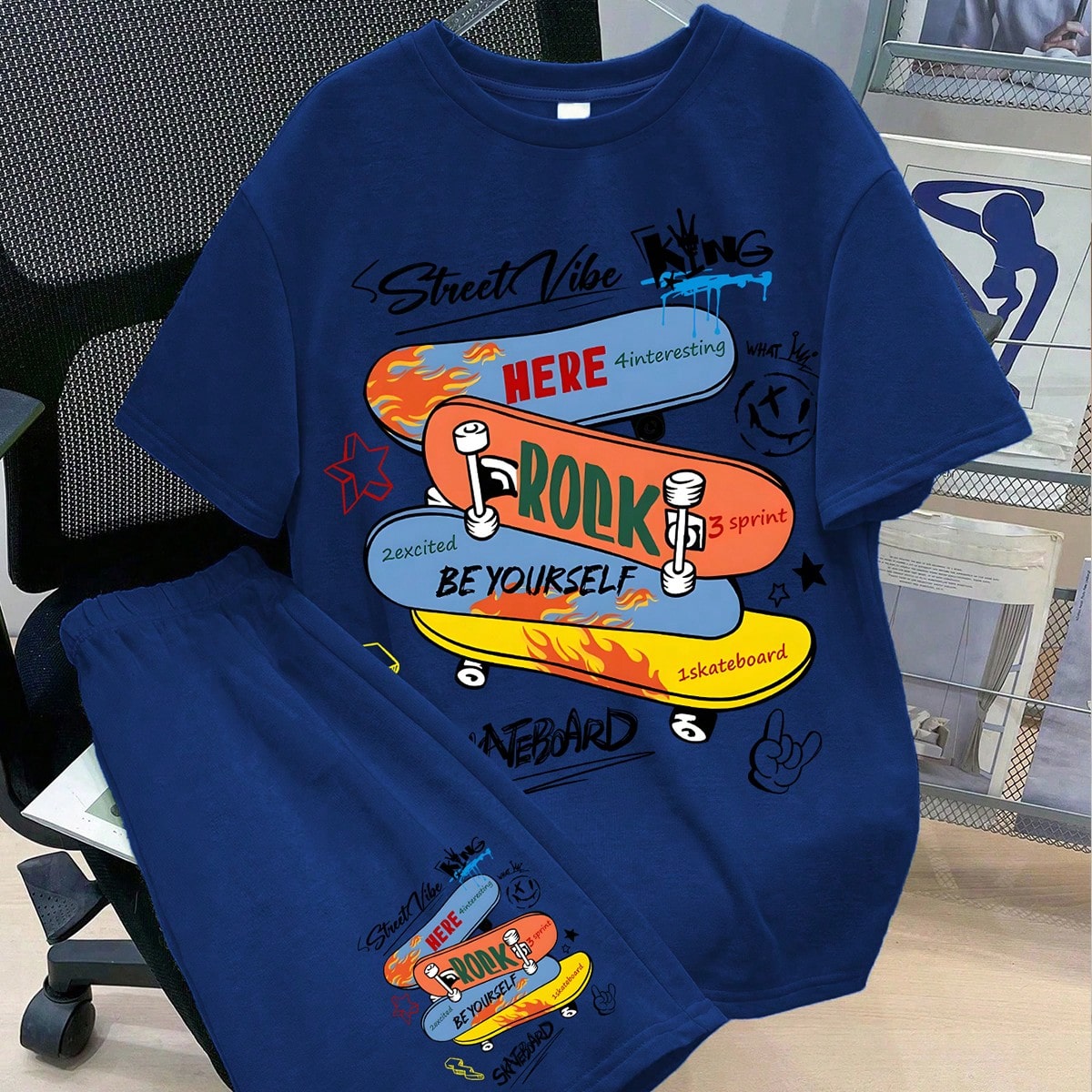 Set de 2 piezas Conjunto de camiseta de manga corta con estampado de monopatín callejero para niños, cómodo y transpirable, uso casual diario para