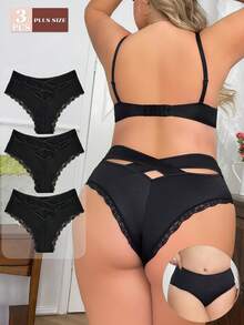 Plus 3条装蕾丝花边交叉后背内裤 - 彩色 - 查看 1