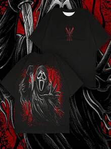 男士哥特朋克风印花T恤，都市街头时尚，短袖上衣 - 黑色 - 查看 8