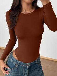 PRETTYGARDEN Women Spring Bodysuits For Long Sleeve Shirts Fitted Basic Ribbed Layering Bodys Tops Fall Fashion Winter Clothes Camel Vacation Rompers Outfits For Women - Camel - View 6