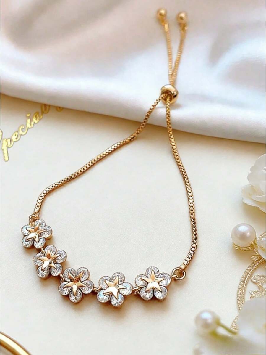 1 pieza Elegante brazalete floral brillante, accesorio de joyería delicada para novia de boda - Color de la imagen - Ver 1