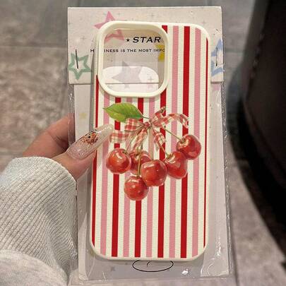 1 pieza Funda de teléfono con patrón de cereza a rayas rojo y blanco, de material TPU, compatible con Apple 17 Pro Max/17/16 Pro Max/15/13/12/11, S20 FE/A15/S24/A55, Note 11/Note 12/Note 13 Pro, cobertura completa, protección suave anti-caídas
