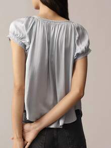 Women's Sweetheart Neck Puff Short Sleeve Blouse Lace Trim Button Front Relaxed Fit Boho Peasant Top - Light Blue - View 3