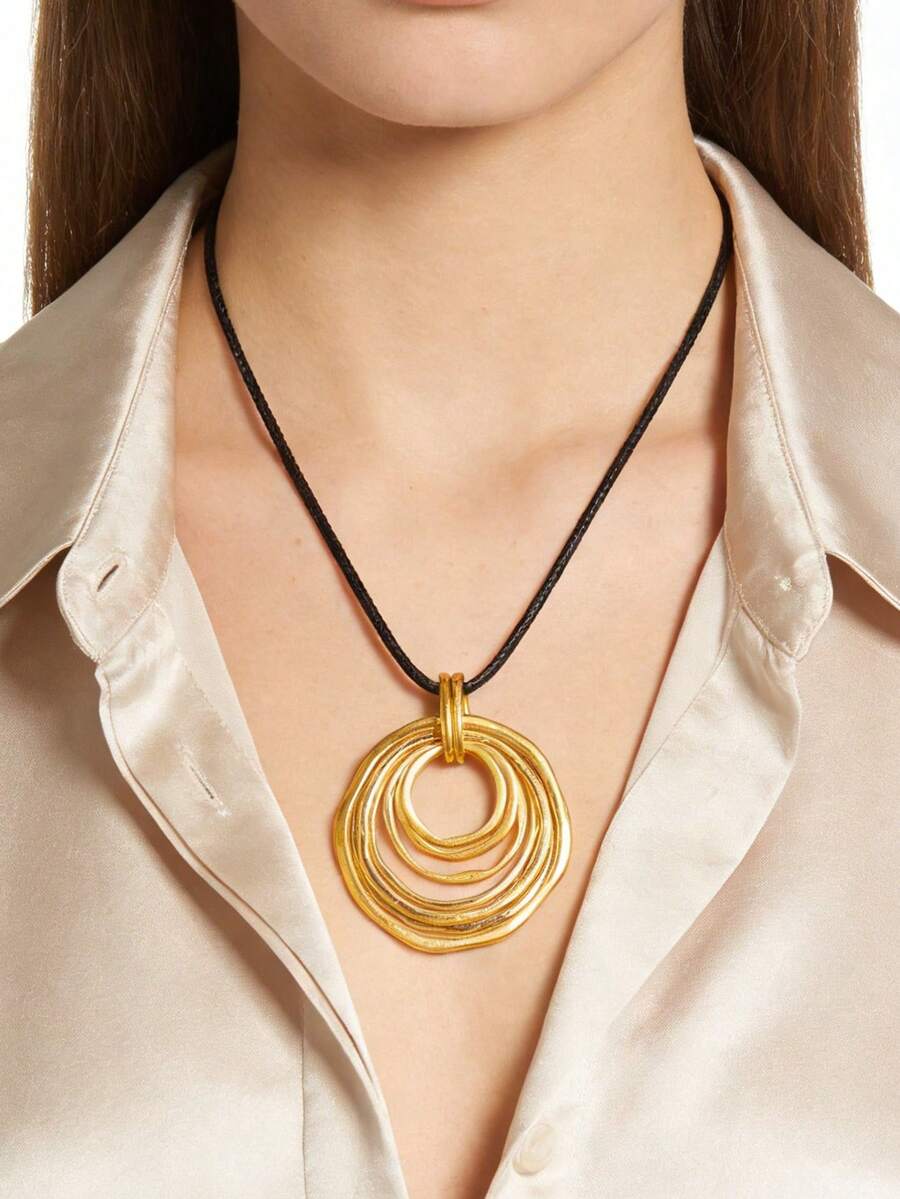 1 pieza Collar colgante geométrico asimétrico sobredimensionado minimalista y dorado, cadena larga de cordón de cera negra multicapa de moda, collar de lujo como regalo para novia/madre - Cuerda de cera negra - Ver 1