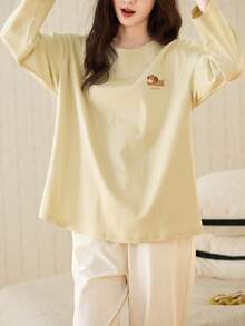 2pcs/Set 2026 Spring & Autumn Women Cotton Sleepwear Set, Light Green Home Outfit - Lime Green - View 3