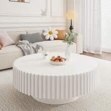 Mesa de centro redonda de 100 cm de madera, mesa de centro circular moderna y única, mesa de centro acanalada contemporánea de tambor, mesa auxiliar lateral central para sala de estar, espacios pequeños, apartamento - Blanco - Ver 2