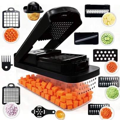 13合1多功能蔬菜切碎器、水果切片器、手柄式食物绞肉机、蔬菜切割器、容器切碎器、带可更换刀片的洋葱切碎器、切丝器、厨房小工具、厨房用具