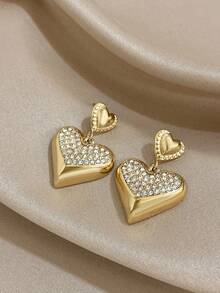 1Pair Elegant Heart Dangle Earrings Rhinestone Minimalist Golden Heart Earrings Stainless Steel Earrings For Christmas Daily Party Mother Valentine Jewelry Gifts - Multicolor - View 13