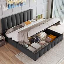 Hydraulic Upholstered Double Bed, Dimensions 140x200 Cm. Adjustable Headboard With Metal Frame. Linen Material, With Storage Space. Grey (With Mattress) - Grey - View 6