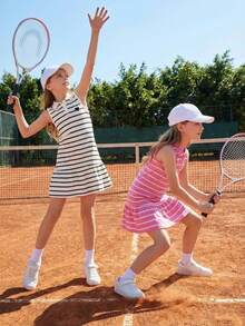 2 peças Vestido Casual e Confortável para Meninas com Padrão Listrado, Bainha Franzida e Gola Polo Sem Mangas - Multicolorido - Visão 7