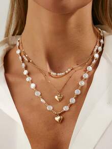 3件套优雅几何链条仿珍珠心形吊坠项链套装，奢华珠宝，适合婚礼、派对、度假、日常休闲、街头风格，女士及情侣礼物 - 項鍊 - 查看 8