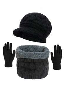 1/2/3 piezas Gorro de punto de unicolor para invierno, gorro de punto con forro térmico grueso y protección para las orejas, boina de punto de moda para mujer, adecuado para uso diario, esquí, senderismo, combinación de atuendo de vacaciones - Multicolor - Ver 16