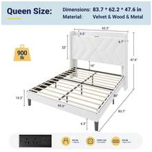Allewie Full/Queen/King Size Platform Bed Frame With Charging Station And Storage Shelf/Upholstered Velvet Wingback Headboard/Wooden Slats Support/No Box Spring Needed/Easy Assembly, White - 查看 9