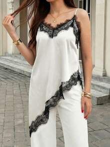 Camiseta larga de verano casual de tirantes finos con dobladillo asimétrico, de satén con adorno de encaje negro - Albaricoque - Ver 9