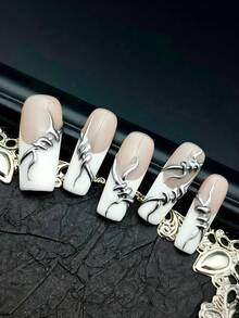 10件套巴洛克风格美甲套装，包含亮面Y2K法式美甲贴片（粉色、红色、浅蓝色、白色、棕色、金色、闪光色），以及3D手工海星、贝壳、樱花、银链亚克力美甲装饰品，适合派对使用。套装内含凝胶贴纸和指甲锉。美甲用品，手工按压式美甲贴片。 - 白色 - 查看 4